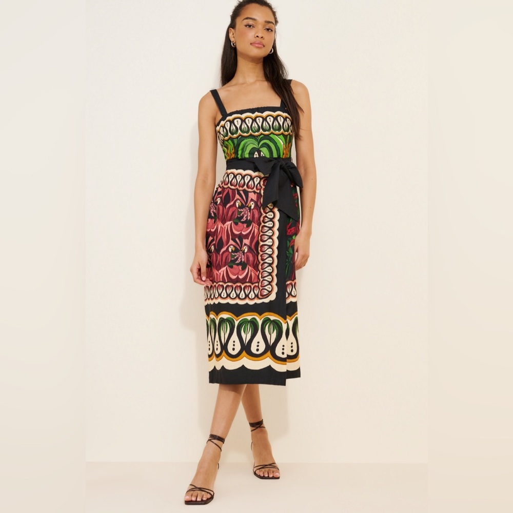 FARM Rio Black Multi Printed Midi Dress with Tie Waist